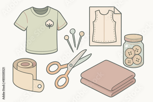 Ethical Clothing Studio Icons. Isometric vector illustration set of Ethical Clothing Studio: organic cotton t-shirt, sewing