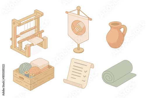 Local Craft Icons. Isometric vector illustration set of Local Craft Economy: handloom machine, cooperative banner, wooden crate of