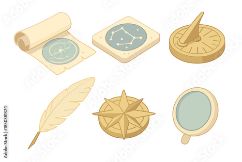 Ancient Sky Navigator Kit. Isometric vector illustration set of Ancient Sky Navigator Kit: rolled celestial scroll, inked