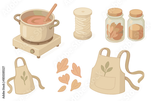 Eco Artisan Tools. Isometric vector illustration set of Eco Artisan Tools: dyeing pot on stove, stirring rod, cotton spool,