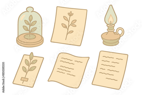 Historical Botany Study. Isometric vector illustration set of Historical Plant Study: glass dome with specimen, ink-drawn label,