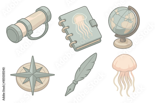 Nautical Archive Icons. Isometric vector illustration set of Nautical Archive Tools: waterproof scroll case, diving notebook,