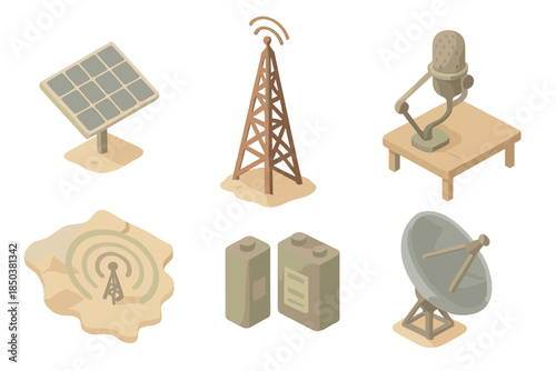 Desert Broadcast Station Icons. Isometric vector illustration set of Desert Broadcast Station: solar panels, rusty radio tower,