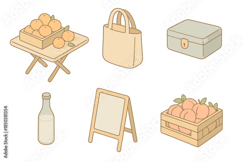 Neighborhood Market Icons. Isometric vector illustration set of Neighborhood Market Life: folding table with citrus, customer tote