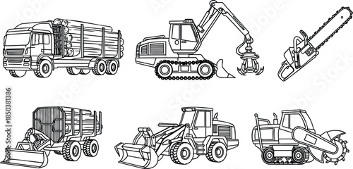 Collection of Heavy Duty Construction and Logging Equipment Line Art.