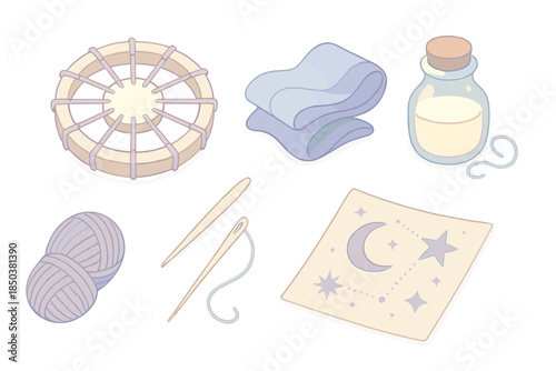 Dream Weaving Instruments. Isometric vector illustration set of Dream Weaving Instruments: circular loom with light core, folded
