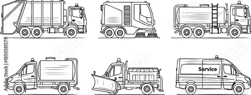Collection of six different types of utility trucks and vehicles.