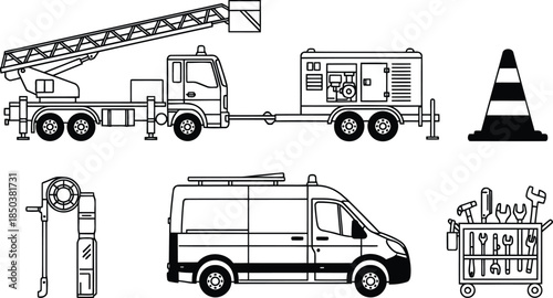 Emergency and utility vehicles with essential equipment for various services.