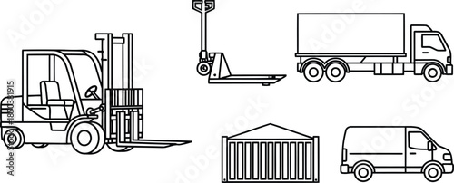Set of Industrial Logistics and Transportation Vehicles Line Art.