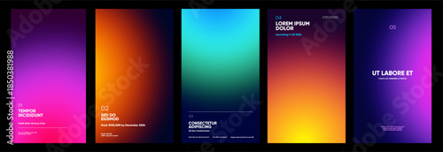 A set of five vibrant gradient posters, each featuring bold typography and event details. The designs range from pink and purple to orange and blue hues, creating a dynamic and modern aesthetic