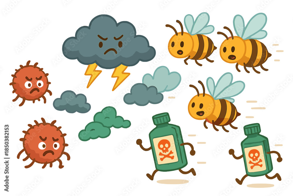 Fototapeta premium Bees Defeat Threats. Threats to bees illustrated as playful cartoon mites, storm clouds, and pesticide bottles being chased away