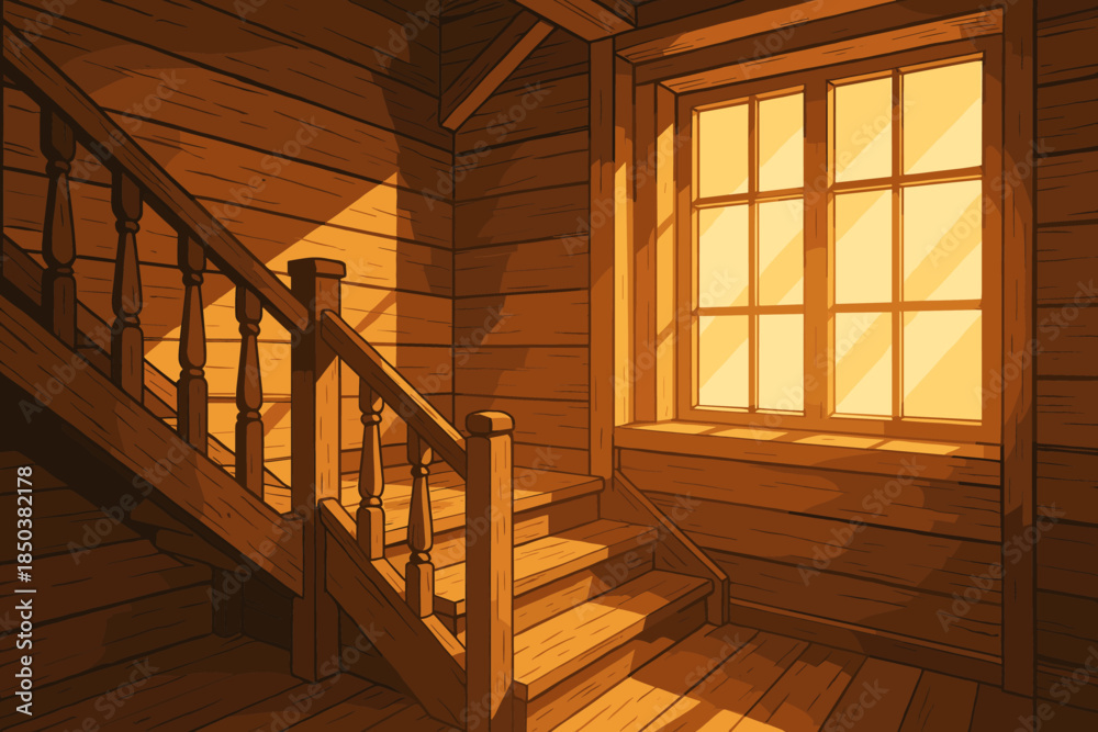 Obraz premium Warm Wooden Staircase. Rustic wooden staircase illuminated by vector illustration soft golden light streaming through large
