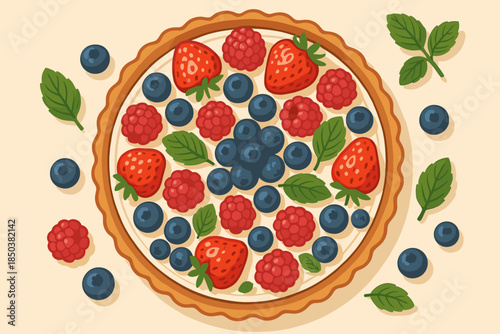 Vibrant Fruit Tart. Flat lay of a beautifully arranged fruit tart garnished vector illustration with fresh berries and mint leaves