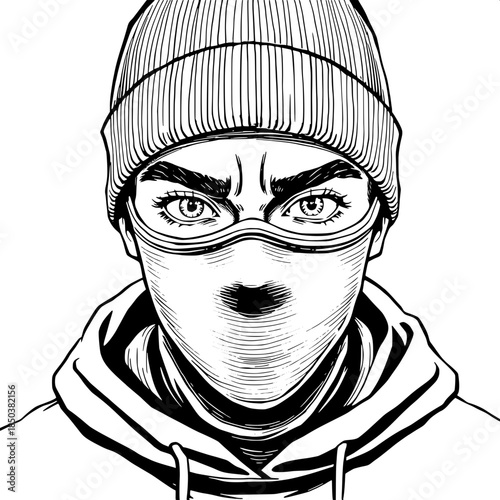 “Black-and-white line art portrait of a young Black person facing forward, wearing a balaclava covering the lower face, knitted beanie on the head, and a zip-up hoodie. Detailed hatching for shading, 