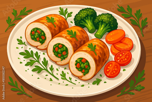 Gourmet Stuffed Chicken Rolls. Gourmet plate of stuffed vector illustration chicken rolls garnished with fresh herbs and a side of