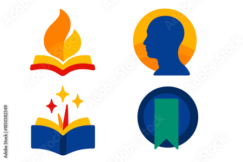 Insight Harmony Icons. Flat vector icons of insight and harmony: flame merging with open text, nodding silhouette in golden glow,