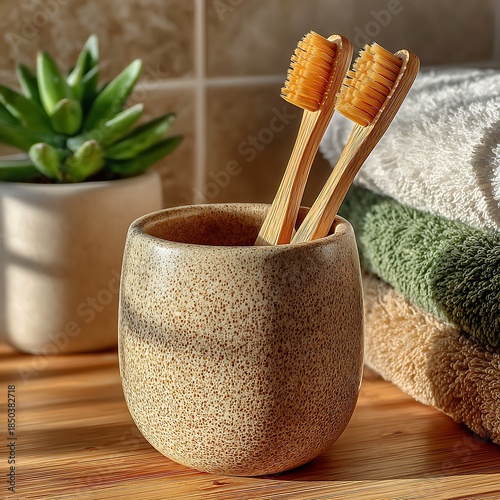 Minimal bamboo toothbrush holder in cozy bathroom high resolution picture