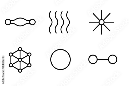 Metallic Harmony Network Icons. Line style icons of metallic harmony networks: liquid bridge geometry, parallel stream lines,