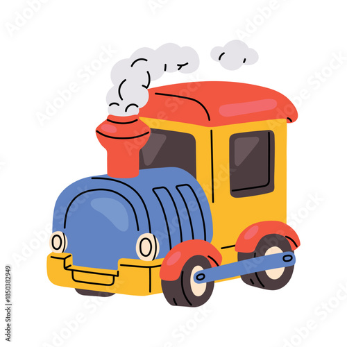 Vector illustration of a cute toy steam train isolated on white background. Cartoon locomotive in flat style with bright colours colors. Perfect for kids designs, nursery graphics, stickers and educat
