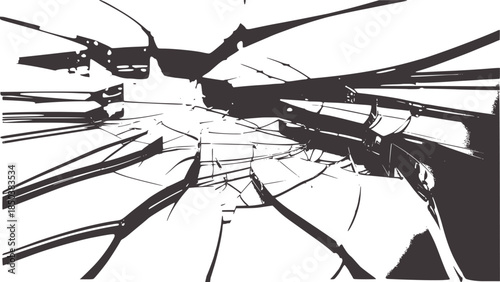 Abstract shattered glass cracks black and white line