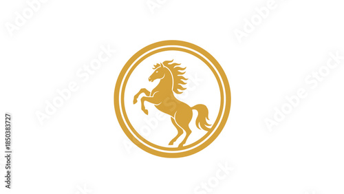 A golden horse logo is centered within two concentric circles on a white background viewed directly from the front.