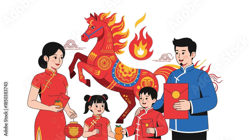 Family Celebrating Lunar New Year with Traditional Attire and Horse Symbolism