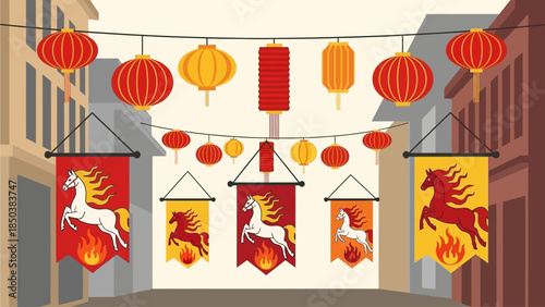 Vibrant street decorations featuring mythical creatures and lanterns in a festive urban setting