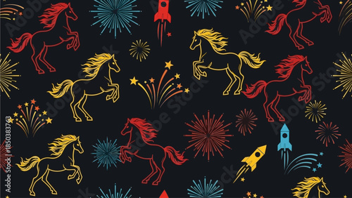 Vibrant Horses and Fireworks Pattern on Dark Background