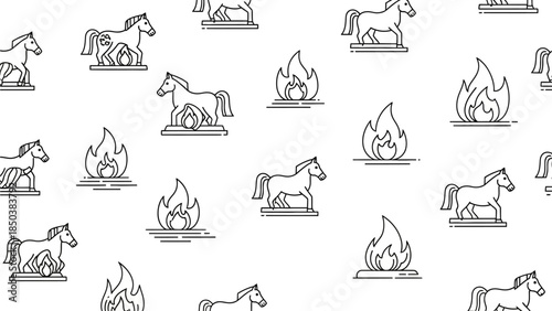 Horses and flames pattern illustration on white background