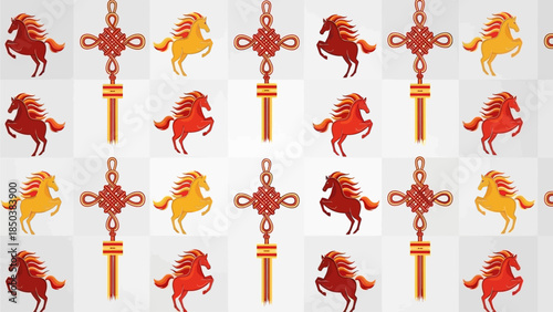 Repeating pattern of horses and keys in red and yellow on a transparent background