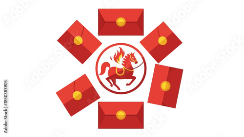 Red envelopes with gold coins and horse symbolizing prosperity and good fortune in a circular arrangement