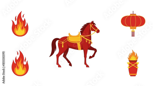 Vibrant Red Horse Illustration with Traditional Lantern and Flames