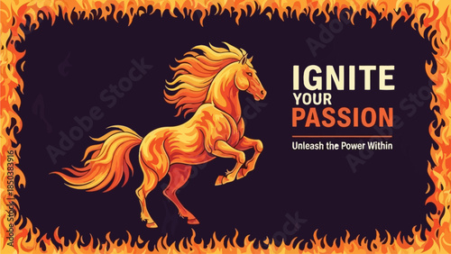 A majestic horse ablaze with fiery mane runs freely, symbolizing passion and energy