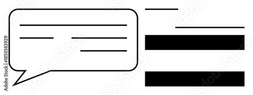 Chat bubble with text lines and parallel black bars depicting communication, dialogue, messaging, and interaction. Ideal for digital communication, social media, teamwork, conversations, networking
