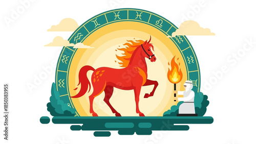 Ancient Horse Illustration with Torch and Symbolism