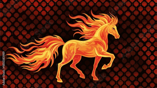 A fiery horse in mid-gallop, mane flowing, against a red diamond patterned background, viewed from the side.