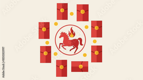 A red horse logo on a white background with red envelopes and golden coins