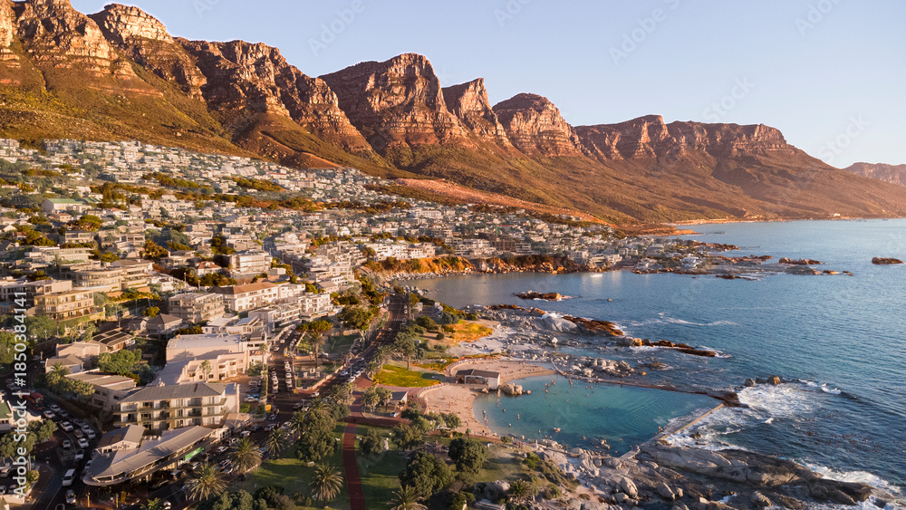 Fototapeta premium Aerial view from Camps Bay in Cape Town, South Africa