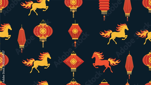 Vibrant horses and lanterns pattern on a dark background