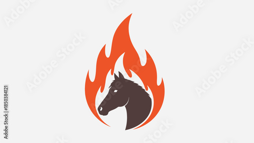 A majestic horse head surrounded by vibrant flames on a dark background