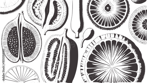Detailed black and white botanical seed pod and fruit cross sections
