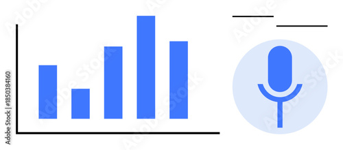 Data analytics, voice technology, sound processing, speech recognition, digital trends, business growth analysis. A bar chart and a modern microphone icon. Data analytics and voice technology concept