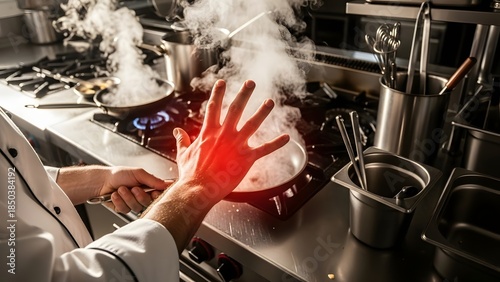 Chef's hand in danger over steaming hot pan in professional kitchen, highlighting cooking accident, burn risk, and safety