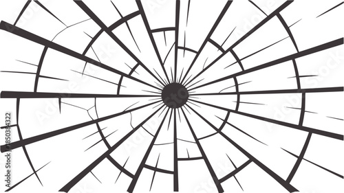 Radial cracked black and white glass fracture with sharp lines