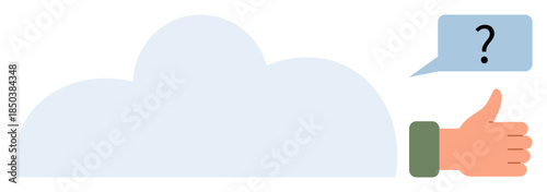Cloud-shaped thought bubble with a question mark, paired with a thumbs-up hand gesture in flat design. Ideal for brainstorming, decision-making, support, approval, feedback, communication