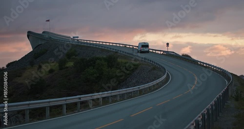 Camper Van on Storseisundet Bridge, Atlantic Ocean Road at Sunset, Norway