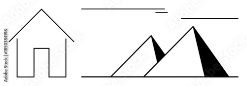 Simple house outline and two pyramids in a desert-thumbs up setting with clean lines. Ideal for architecture, minimalism, geometry, home design, travel, landscape, simplicity. A simple flat metaphor