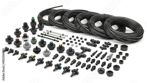 Assorted Black Irrigation Drip System Components with Tubing and Connectors for Agricultural and Garden Use