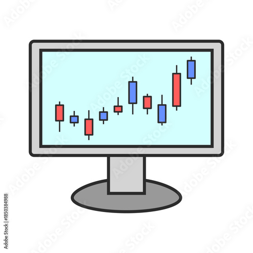 ネット証券、株価、投資、資産運用、NISA、ローソク足のグラフ、チャートのセット（パソコン、モニター）