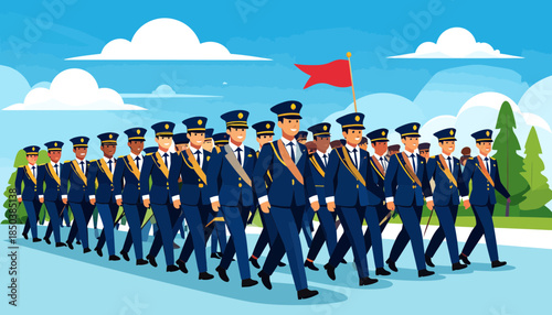 Uniformed officers marching in a formal parade formation with a red flag. Flat vector illustration.